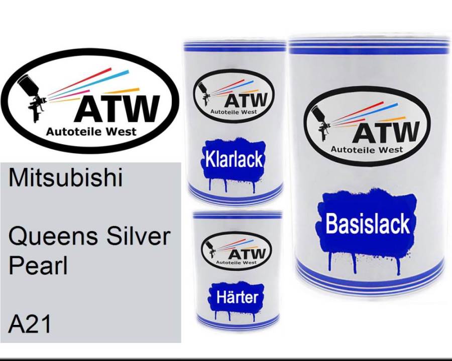 Mitsubishi, Queens Silver Pearl, A21: 500ml Lackdose + 500ml Klarlack + 250ml Härter - Set, von ATW Autoteile West.